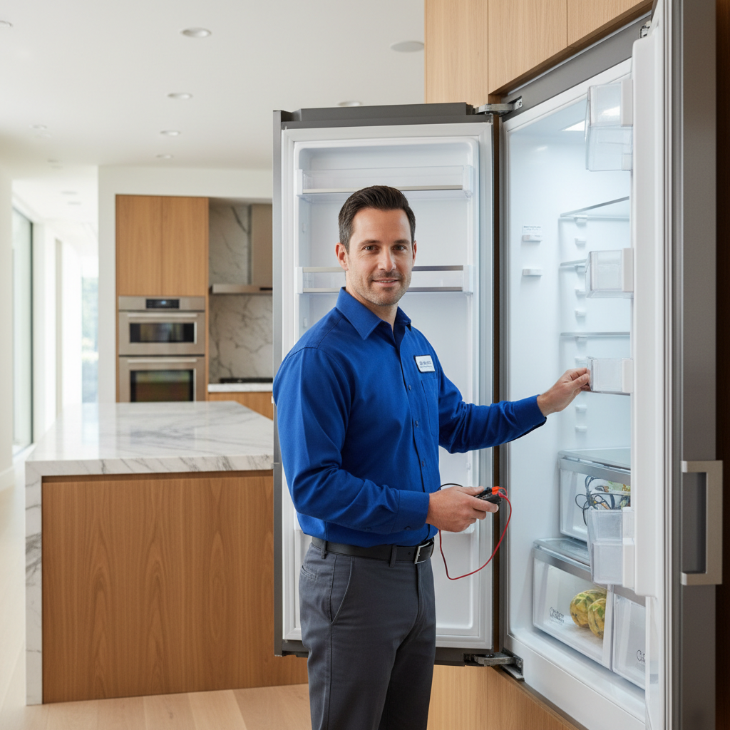 Professional appliance repair technician inspecting a built-in refrigerator